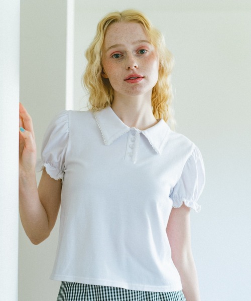 idem（イデム）の「lace piping polo shirt / レースデザインポロシャツ（ポロシャツ・レディース・ネイビー/アイボリー・FREE）」の5枚目の写真