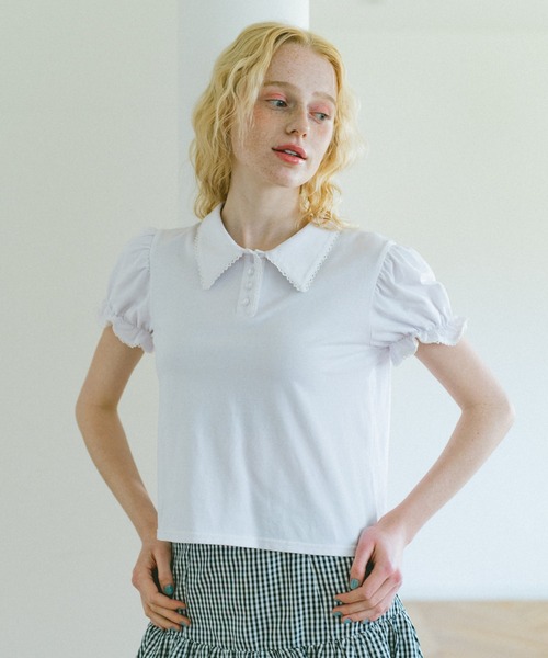 idem（イデム）の「lace piping polo shirt / レースデザインポロシャツ（ポロシャツ・レディース・ネイビー/アイボリー・FREE）」の6枚目の写真