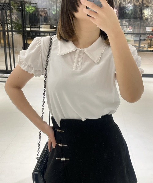 idem（イデム）の「lace piping polo shirt / レースデザインポロシャツ（ポロシャツ・レディース・ネイビー/アイボリー・FREE）」の10枚目の写真