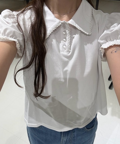 idem（イデム）の「lace piping polo shirt / レースデザインポロシャツ（ポロシャツ・レディース・ネイビー/アイボリー・FREE）」の11枚目の写真