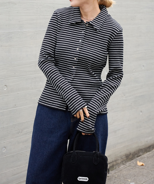 OUTDOOR PRODUCTS(アウトドアプロダクツ)の「リブタイトポロシャツカットソー(Tシャツ/カットソー・レディース・ブラック/チャコールグレー・FREE)」の1枚目の写真