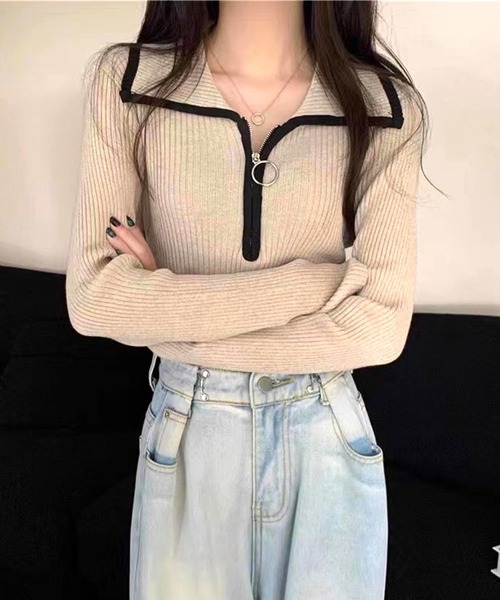 Amulet（アミュレット）の「きゅっと閉めても開けてもサマになる◎配色ハーフジップリブニット（ニット/セーター・レディース・グレー/ブラウン/アイボリー・FREE）」の2枚目の写真