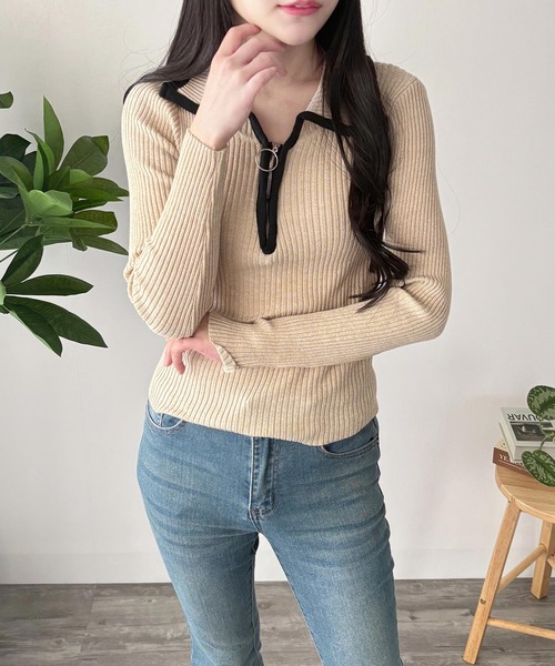 Amulet（アミュレット）の「きゅっと閉めても開けてもサマになる◎配色ハーフジップリブニット（ニット/セーター・レディース・グレー/ブラウン/アイボリー・FREE）」の4枚目の写真