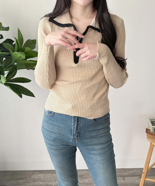 Amulet（アミュレット）の「きゅっと閉めても開けてもサマになる◎配色ハーフジップリブニット（ニット/セーター・レディース・グレー/ブラウン/アイボリー・FREE）」の5枚目の写真