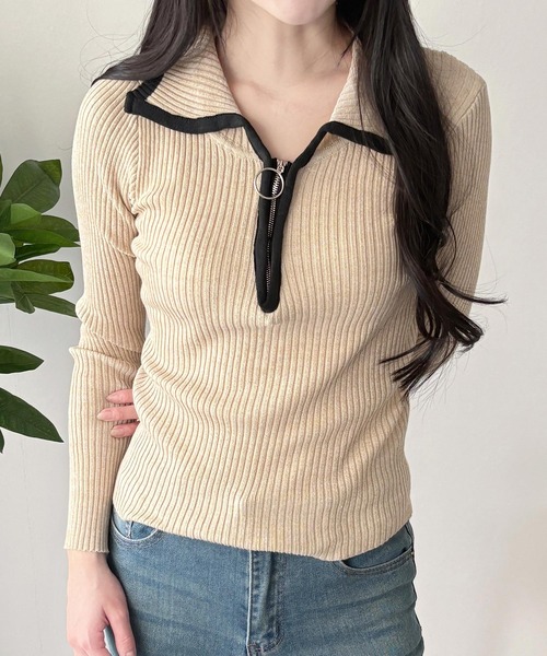Amulet（アミュレット）の「きゅっと閉めても開けてもサマになる◎配色ハーフジップリブニット（ニット/セーター・レディース・グレー/ブラウン/アイボリー・FREE）」の7枚目の写真
