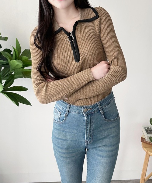 Amulet（アミュレット）の「きゅっと閉めても開けてもサマになる◎配色ハーフジップリブニット（ニット/セーター・レディース・グレー/ブラウン/アイボリー・FREE）」の11枚目の写真