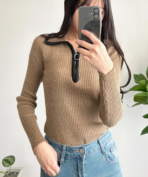 Amulet（アミュレット）の「きゅっと閉めても開けてもサマになる◎配色ハーフジップリブニット（ニット/セーター・レディース・グレー/ブラウン/アイボリー・FREE）」の13枚目の写真