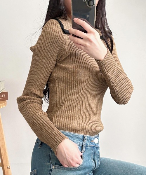 Amulet（アミュレット）の「きゅっと閉めても開けてもサマになる◎配色ハーフジップリブニット（ニット/セーター・レディース・グレー/ブラウン/アイボリー・FREE）」の16枚目の写真