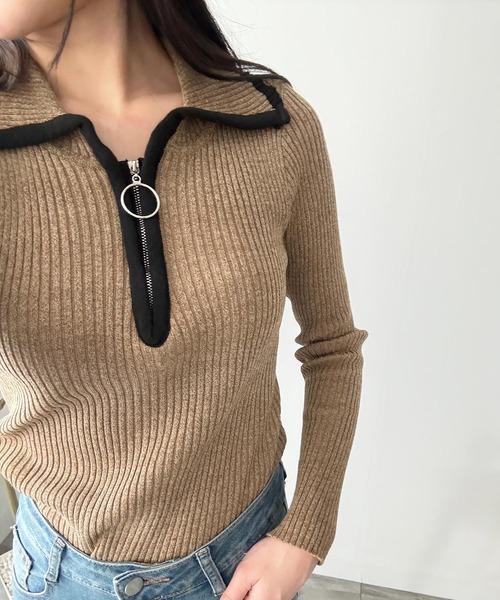 Amulet（アミュレット）の「きゅっと閉めても開けてもサマになる◎配色ハーフジップリブニット（ニット/セーター・レディース・グレー/ブラウン/アイボリー・FREE）」の18枚目の写真