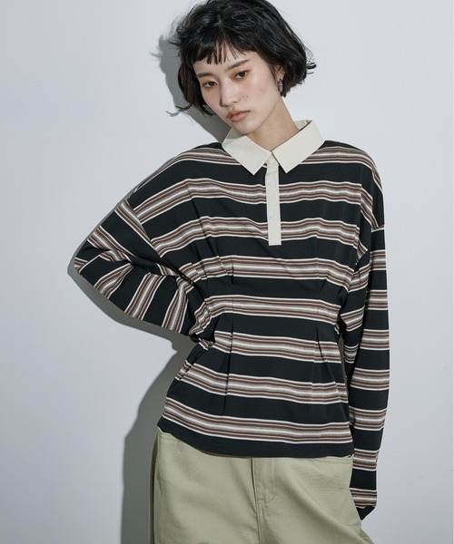THE YOn(ザヨン)の「マルチボーダーウエストタックポロトップス(Tシャツ/カットソー・レディース・ワインレッド/ブラック/オリーブ・FREE)」の3枚目の写真