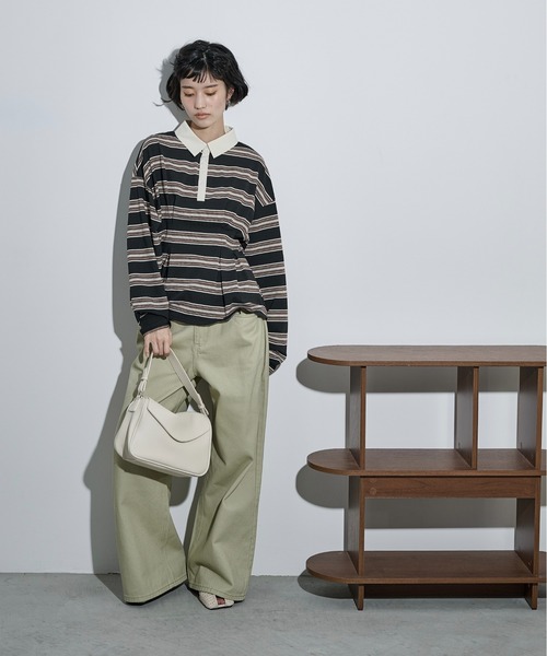 THE YOn(ザヨン)の「マルチボーダーウエストタックポロトップス(Tシャツ/カットソー・レディース・ワインレッド/ブラック/オリーブ・FREE)」の11枚目の写真