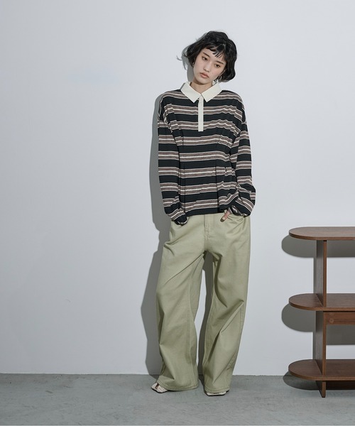 THE YOn(ザヨン)の「マルチボーダーウエストタックポロトップス(Tシャツ/カットソー・レディース・ワインレッド/ブラック/オリーブ・FREE)」の15枚目の写真