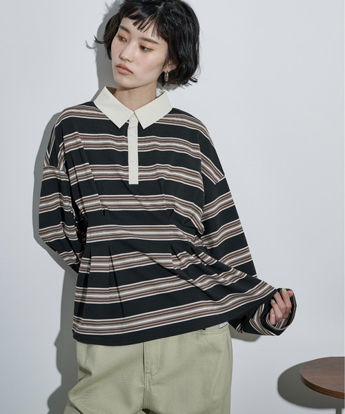 THE YOn(ザヨン)の「マルチボーダーウエストタックポロトップス(Tシャツ/カットソー・レディース・ワインレッド/ブラック/オリーブ・FREE)」の4枚目の写真