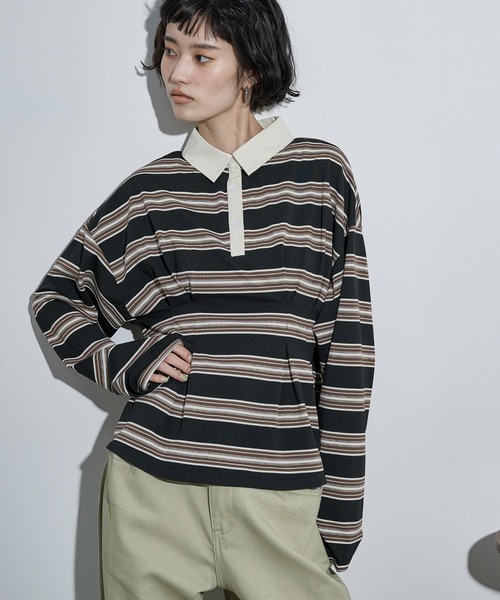 THE YOn(ザヨン)の「マルチボーダーウエストタックポロトップス(Tシャツ/カットソー・レディース・ワインレッド/ブラック/オリーブ・FREE)」の6枚目の写真