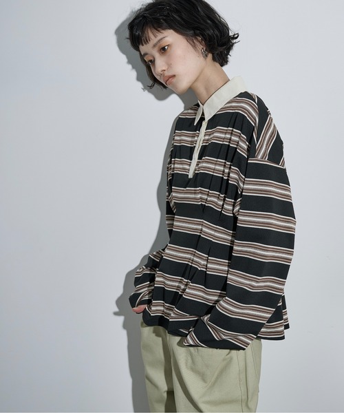 THE YOn(ザヨン)の「マルチボーダーウエストタックポロトップス(Tシャツ/カットソー・レディース・ワインレッド/ブラック/オリーブ・FREE)」の7枚目の写真