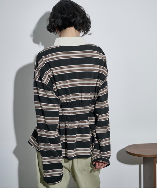 THE YOn(ザヨン)の「マルチボーダーウエストタックポロトップス(Tシャツ/カットソー・レディース・ワインレッド/ブラック/オリーブ・FREE)」の8枚目の写真