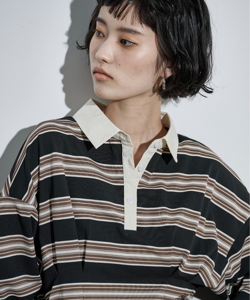 THE YOn(ザヨン)の「マルチボーダーウエストタックポロトップス(Tシャツ/カットソー・レディース・ワインレッド/ブラック/オリーブ・FREE)」の9枚目の写真