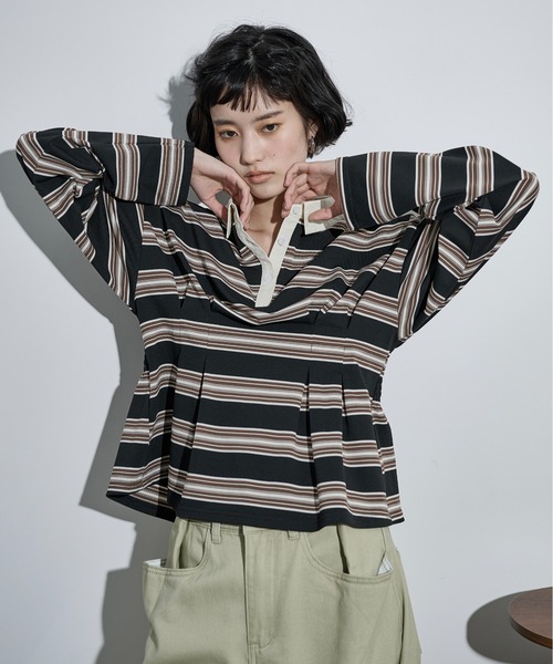 THE YOn(ザヨン)の「マルチボーダーウエストタックポロトップス(Tシャツ/カットソー・レディース・ワインレッド/ブラック/オリーブ・FREE)」の5枚目の写真
