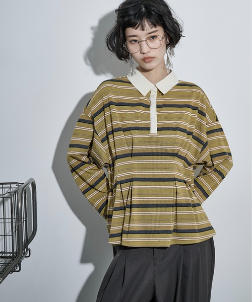 THE YOn(ザヨン)の「マルチボーダーウエストタックポロトップス(Tシャツ/カットソー・レディース・ワインレッド/ブラック/オリーブ・FREE)」の20枚目の写真