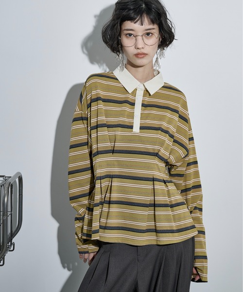 THE YOn(ザヨン)の「マルチボーダーウエストタックポロトップス(Tシャツ/カットソー・レディース・ワインレッド/ブラック/オリーブ・FREE)」の19枚目の写真