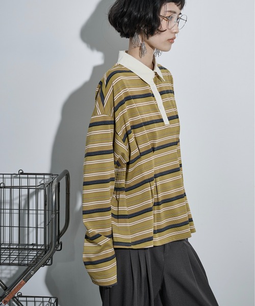 THE YOn(ザヨン)の「マルチボーダーウエストタックポロトップス(Tシャツ/カットソー・レディース・ワインレッド/ブラック/オリーブ・FREE)」の21枚目の写真