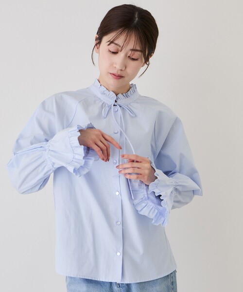 Jayro（ジャイロ）の「ネックフリルキャンディ袖ブラウス（シャツ/ブラウス・レディース・ブラック/サックスブルー/ホワイト系その他・M）」の3枚目の写真