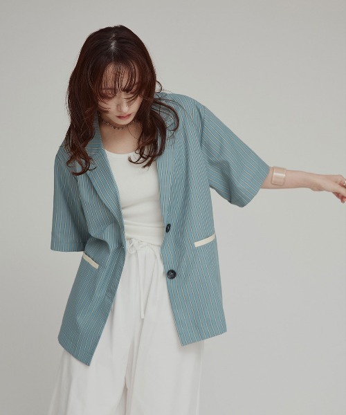 W:Huku(フーク)の「【W:Huku / ブロードストライプ】シングル シャツ ジャケット / 半袖 ハーフスリーブ / Broad Stripe Single-Breasted Shirt Jacket(テーラードジャケット・レディース・ブラウン/ブラック/ブルー/ベージュ・FREE)」の4枚目の写真