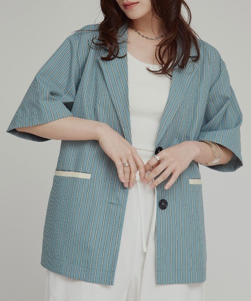 W:Huku(フーク)の「【W:Huku / ブロードストライプ】シングル シャツ ジャケット / 半袖 ハーフスリーブ / Broad Stripe Single-Breasted Shirt Jacket(テーラードジャケット・レディース・ブラウン/ブラック/ブルー/ベージュ・FREE)」の5枚目の写真