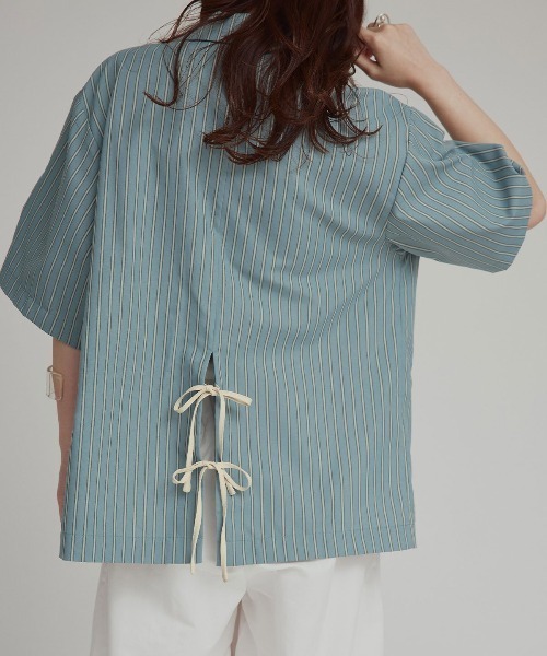 W:Huku(フーク)の「【W:Huku / ブロードストライプ】シングル シャツ ジャケット / 半袖 ハーフスリーブ / Broad Stripe Single-Breasted Shirt Jacket(テーラードジャケット・レディース・ブラウン/ブラック/ブルー/ベージュ・FREE)」の8枚目の写真