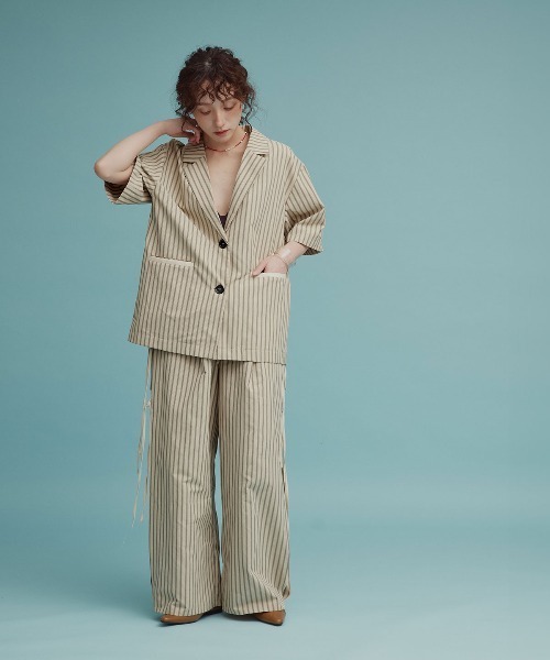 W:Huku(フーク)の「【W:Huku / ブロードストライプ】シングル シャツ ジャケット / 半袖 ハーフスリーブ / Broad Stripe Single-Breasted Shirt Jacket(テーラードジャケット・レディース・ブラウン/ブラック/ブルー/ベージュ・FREE)」の10枚目の写真