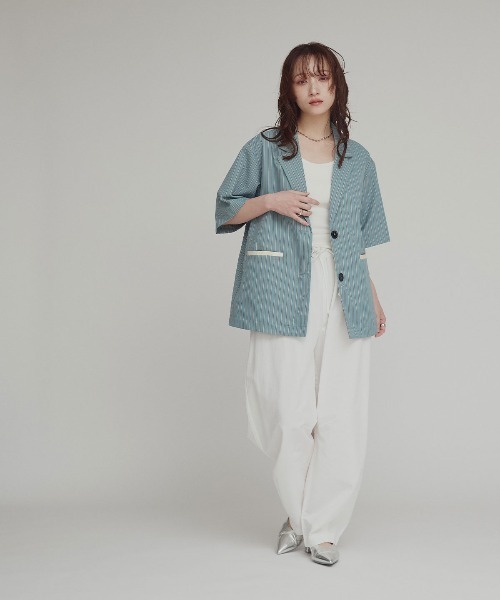 W:Huku(フーク)の「【W:Huku / ブロードストライプ】シングル シャツ ジャケット / 半袖 ハーフスリーブ / Broad Stripe Single-Breasted Shirt Jacket(テーラードジャケット・レディース・ブラウン/ブラック/ブルー/ベージュ・FREE)」の12枚目の写真