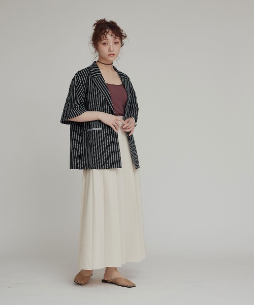 W:Huku(フーク)の「【W:Huku / ブロードストライプ】シングル シャツ ジャケット / 半袖 ハーフスリーブ / Broad Stripe Single-Breasted Shirt Jacket(テーラードジャケット・レディース・ブラウン/ブラック/ブルー/ベージュ・FREE)」の13枚目の写真