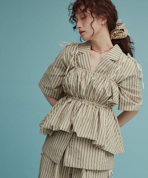 W:Huku(フーク)の「【W:Huku / ブロードストライプ】シングル シャツ ジャケット / 半袖 ハーフスリーブ / Broad Stripe Single-Breasted Shirt Jacket(テーラードジャケット・レディース・ブラウン/ブラック/ブルー/ベージュ・FREE)」の15枚目の写真