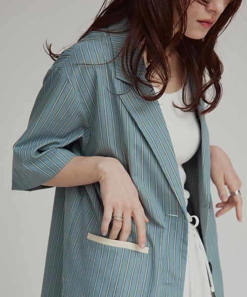 W:Huku(フーク)の「【W:Huku / ブロードストライプ】シングル シャツ ジャケット / 半袖 ハーフスリーブ / Broad Stripe Single-Breasted Shirt Jacket(テーラードジャケット・レディース・ブラウン/ブラック/ブルー/ベージュ・FREE)」の17枚目の写真