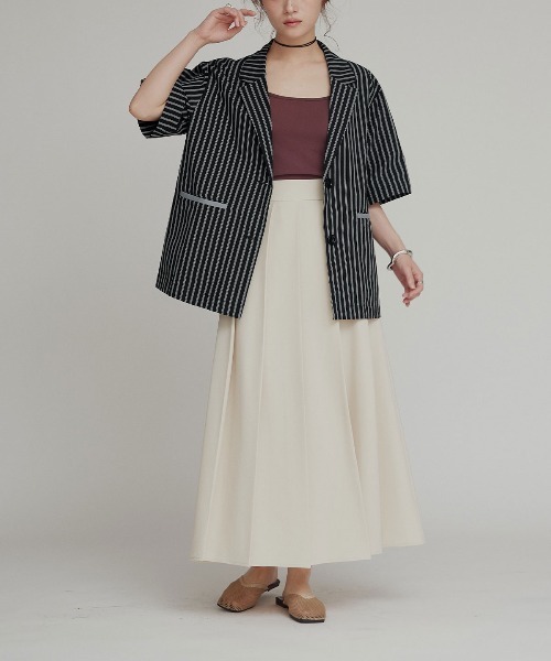 W:Huku(フーク)の「【W:Huku / ブロードストライプ】シングル シャツ ジャケット / 半袖 ハーフスリーブ / Broad Stripe Single-Breasted Shirt Jacket(テーラードジャケット・レディース・ブラウン/ブラック/ブルー/ベージュ・FREE)」の19枚目の写真