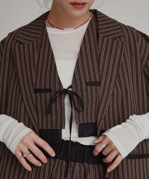 W:Huku(フーク)の「【W:Huku / ブロードストライプ】シングル シャツ ジャケット / 半袖 ハーフスリーブ / Broad Stripe Single-Breasted Shirt Jacket(テーラードジャケット・レディース・ブラウン/ブラック/ブルー/ベージュ・FREE)」の21枚目の写真