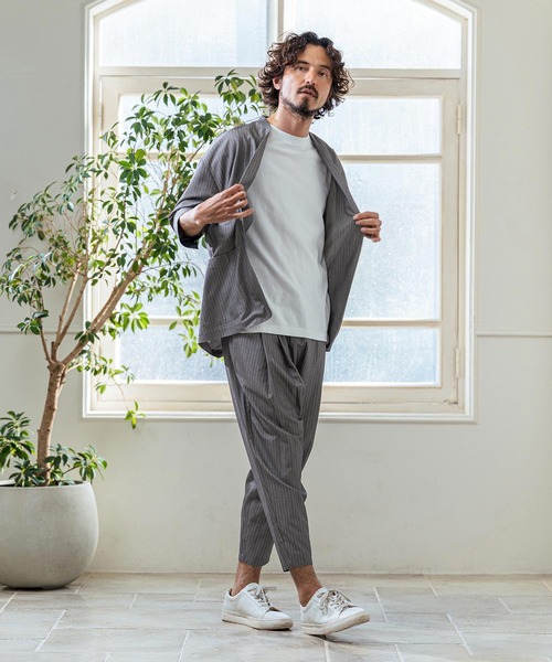 Magine（マージン）の「mj11379- Pinstripe TR Stretch Lapel Less Relax Fit Seven Sleeve Jacket 7分袖ラペルレスジャケット(MGN-261-006)（ノーカラージャケット・メンズ・ブラック/グレイッシュベージュ/ミックスグレー・48/46/44）」の8枚目の写真