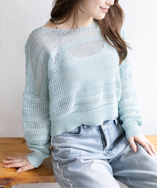 CLEAR BASIC（クリアベーシック）の「透かし編みニットトップス（ニット/セーター・レディース・ミント/アイボリー/イエロー系その他/ブラック・F）」の4枚目の写真