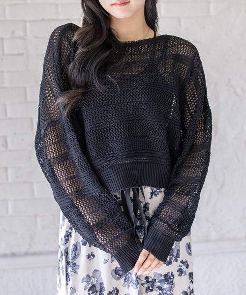 CLEAR BASIC（クリアベーシック）の「透かし編みニットトップス（ニット/セーター・レディース・ミント/アイボリー/イエロー系その他/ブラック・F）」の3枚目の写真