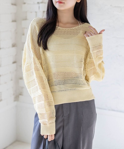 CLEAR BASIC（クリアベーシック）の「透かし編みニットトップス（ニット/セーター・レディース・ミント/アイボリー/イエロー系その他/ブラック・F）」の10枚目の写真