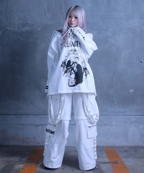 Amilige（アミリージュ）の「裏毛サスペンダー付きワイドパンツ（スウェットパンツ・レディース・ホワイト/ブラック・FREE）」の17枚目の写真