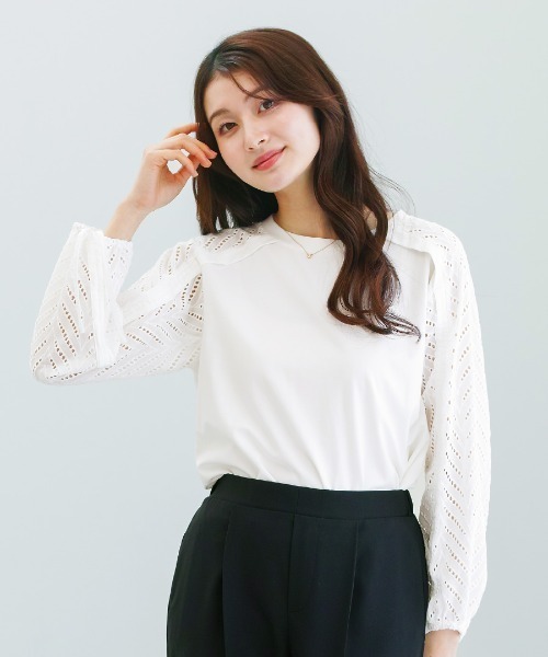 White Collection（ホワイトコレクション）の「【 異素材MIX 】ドロスト付・刺繡レース切替プルオーバー（Tシャツ/カットソー・レディース・ホワイト/ブラック・S/M/L）」の2枚目の写真