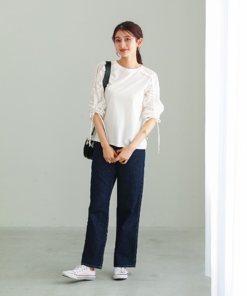 White Collection（ホワイトコレクション）の「【 異素材MIX 】ドロスト付・刺繡レース切替プルオーバー（Tシャツ/カットソー・レディース・ホワイト/ブラック・S/M/L）」の5枚目の写真