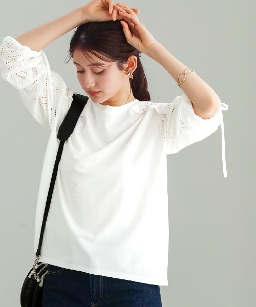 White Collection（ホワイトコレクション）の「【 異素材MIX 】ドロスト付・刺繡レース切替プルオーバー（Tシャツ/カットソー・レディース・ホワイト/ブラック・S/M/L）」の7枚目の写真