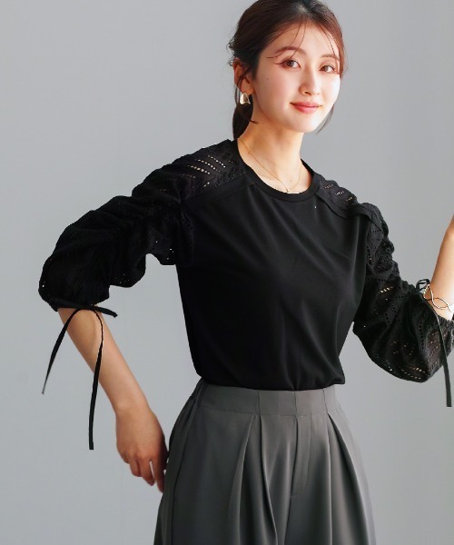 White Collection（ホワイトコレクション）の「【 異素材MIX 】ドロスト付・刺繡レース切替プルオーバー（Tシャツ/カットソー・レディース・ホワイト/ブラック・S/M/L）」の12枚目の写真