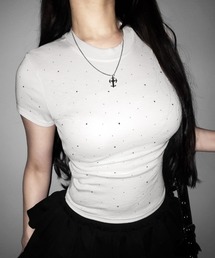 me+em select(�~�[���Z���N�g)�́y �Rcolor �z���C���X�g�[�������^�C�g�s�V���c �^ Rhinestone short sleeve tight T-shirt(T�V���c/�J�b�g�\�[)