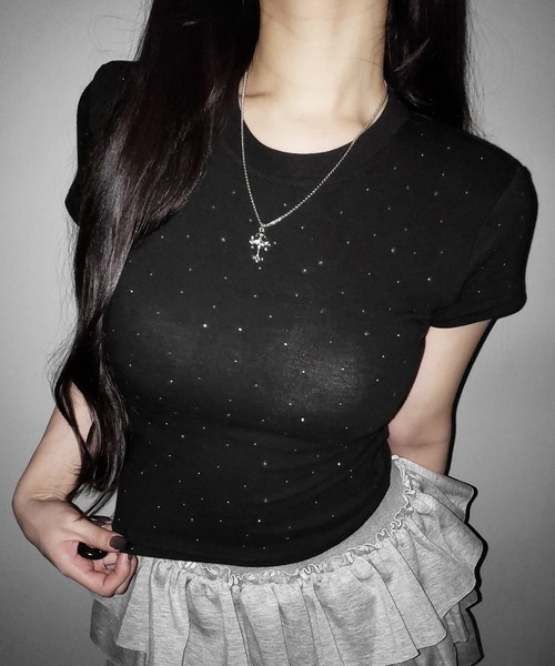me+em select(ミームセレクト)の「【 3color 】ラインストーン半袖タイトTシャツ / Rhinestone short sleeve tight T-shirt(Tシャツ/カットソー・レディース・ホワイト/ブラック/グレー・FREE)」の7枚目の写真