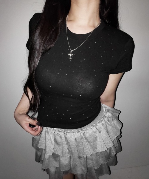 me+em select(ミームセレクト)の「【 3color 】ラインストーン半袖タイトTシャツ / Rhinestone short sleeve tight T-shirt(Tシャツ/カットソー・レディース・ホワイト/ブラック/グレー・FREE)」の10枚目の写真
