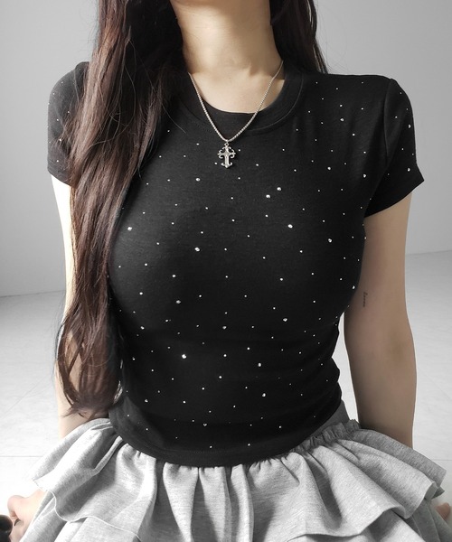 me+em select(ミームセレクト)の「【 3color 】ラインストーン半袖タイトTシャツ / Rhinestone short sleeve tight T-shirt(Tシャツ/カットソー・レディース・ホワイト/ブラック/グレー・FREE)」の11枚目の写真
