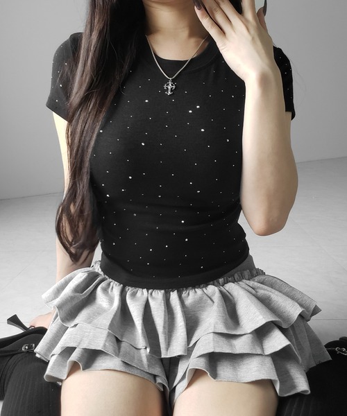me+em select(ミームセレクト)の「【 3color 】ラインストーン半袖タイトTシャツ / Rhinestone short sleeve tight T-shirt(Tシャツ/カットソー・レディース・ホワイト/ブラック/グレー・FREE)」の12枚目の写真